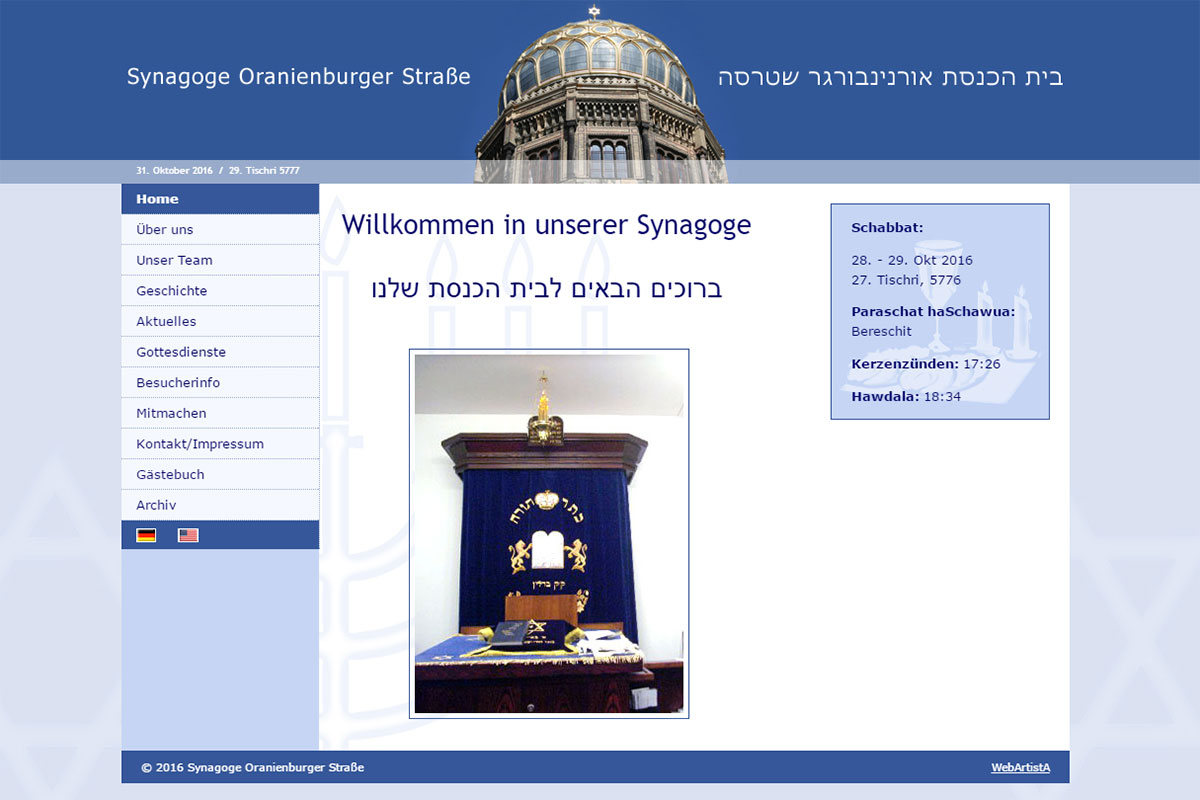 Screenshot Website Synagoge Oranienburger Strasse